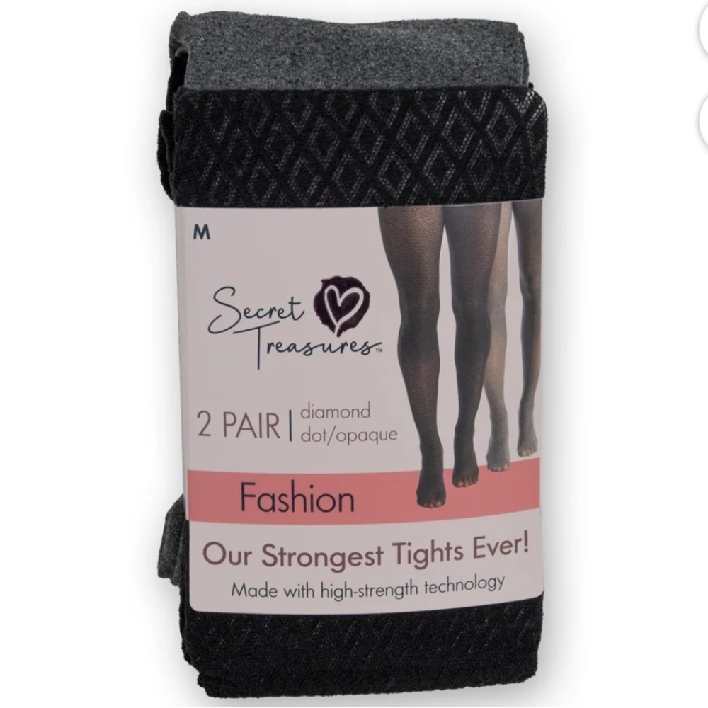 Secret Treasures Diamond Dot/Opaque Tight, 2 Pair, Black/Heather Gray